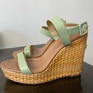 kate spade Light Green Leather and Woven Tan Wedge Sandals